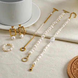 Custom Real Natural Baroque Genuine Pearl Pendant Jewelry Stainless Steel Gold Plated Freshwater Pearl Choker Necklace Set