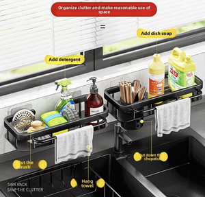 Support de rangement mural noir mat pour évier de cuisine, sans perçage, avec porte-éponge et barre porte-serviettes en acier inoxydable - Product Image 1