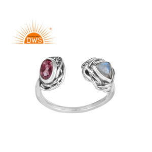 Bague en topaze rose et pierre de lune arc-en-ciel, faite à la main, argent 925 oxydé, bague de créateur, fabricant de bijoux, collection vintage - Product Image 1