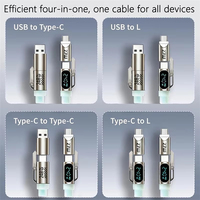 Cable de Carga Rápida 4 en 1 de 240W con Pantalla Digital, Chip E-Marker, Corriente de 5A, Transferencia de Datos de 480Mbps, Cable USB Tipo-C de Silicona Líquida