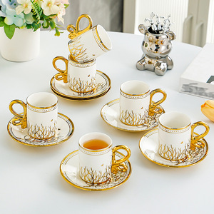 Exquisite Gold Ceramic Coffee <b>Cup</b> And Saucer <b>Set</b> For Afternoon <b>Tea</b> Home Use Cylinder Shape With Handle - Product Image 1