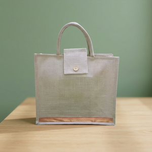 Sac fourre-tout en jute unisexe personnalisé élégant 14x16x5 avec fermeture à bouton, réutilisable, pour le shopping, le bureau, les voyages et l'usage quotidien - Product Image 1