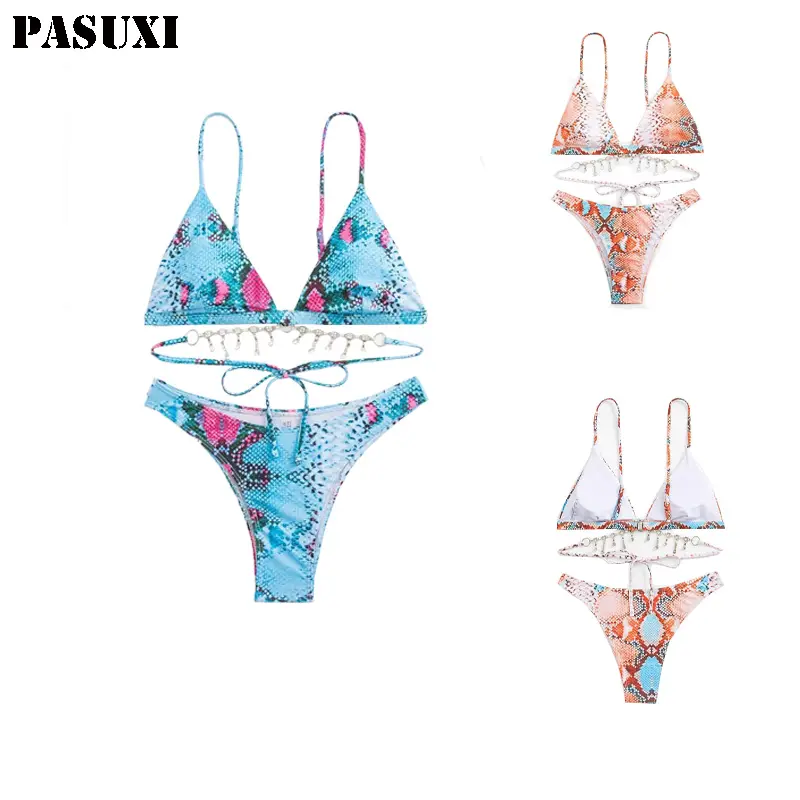 PASUXI Personalizado Mulheres Sexy Snakeskin Biquíni Backless Swimwear das Mulheres Gradiente Franjadas String Swimsuit