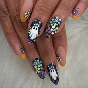 Halloween estilo lindo Prensa en <span class=keywords><strong>uñas</strong></span> postizas <span class=keywords><strong>amarillo</strong></span> francés fantasma calavera flor <span class=keywords><strong>diseño</strong></span> corto cuadrado <span class=keywords><strong>amarillo</strong></span> <span class=keywords><strong>uñas</strong></span> artificiales - Product Image 4