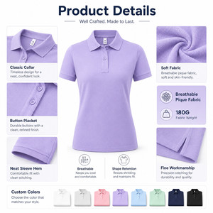 Polo en piqué 180G pour femme avec logo personnalisé, respirant, doux, coupe ajustée, uniforme de golf en gros, tailles S-4XL, bleu nuit lavande - Product Image 4