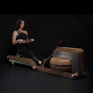 Rameur à eau en noyer massif avec siège en cuir véritable, résistance aquatique silencieuse, entraînement cardio complet du corps en intérieur - Product Image 5
