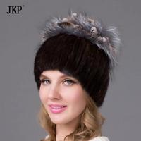Warme Winter-Damenmütze aus Nerz- und Fuchsfell mit Pompon, Strickmütze mit Verstellmöglichkeit für Reisen