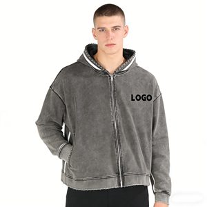 เสื้อฮู้ดดี้ผู้ชายแบบซิป คุณภาพสูง พิมพ์ลายโลโก้ ดีไซน์ขาดๆ แบบวินเทจ ผ้าฝ้ายเฟรนช์เทอร์รี่ 450GSM เสื้อผ้าผู้ชาย - Product Image 1