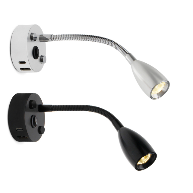 Cross-border Hotel Indoor Bedroom Flexible Hose Wall Lamp Gooseneck Hose Reading Lamp with USB Charging Port Modern Style
