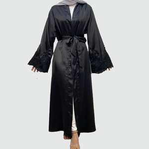 Moonlit WHISPER สีดำ abaya ไหลแขนเสื้อนุ่ม shimmer เน้นผูกคอนทัวร์เอว<span class=keywords><strong>ร</strong></span>ายวันเลานจ์เทียร์ผู้จัดจำหน่าย - Product Image 1