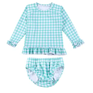 2024 summer gingham printed toddler kids girls swimsuit summer long sleeve ruffled two piece baby beach bathing suits