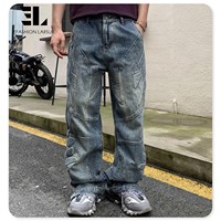 LARSUR kustom pabrik 3D bordir quilt patch biker kargo jeans distress wash lurus timbul padded moto biker denim celana