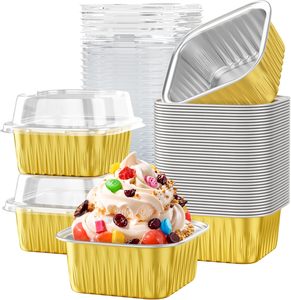 300ml <b>Takeaway</b> Food <b>Container</b> Square Dessert Bowls Lid Aluminum Foil Plastic Smoothwall Disposable Pastry Pudding Cup - Product Image 1