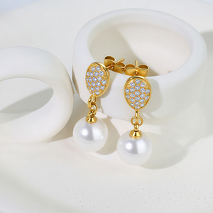 Boucles d'oreilles pendantes ovales en zircon plaqué or 18 carats, style chic et luxueux, avec perle, en acier inoxydable vintage, bijoux de fête - Product Image 2