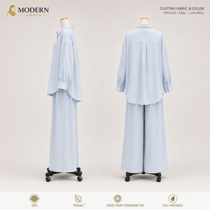 Completo Coordinato da Donna <span class=keywords><strong>in</strong></span> <span class=keywords><strong>Misto</strong></span> <span class=keywords><strong>Lino</strong></span>, Camicia a Maniche Lunghe e <span class=keywords><strong>Pantaloni</strong></span> a Gamba Larga, Outfit Estivo Leggero, Produttore OEM - Product Image 2