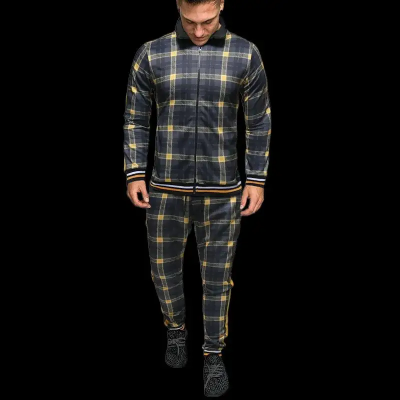 Wholesale New Design Mens Plaid Sweat Suit Two Piece Size XL Full Zipper Up Mens Hoodie Trousers Pants Set Blank Tracksuits