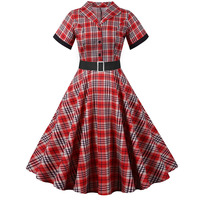 Robe d'été à imprimé écossais vintage pour femmes, robe décontractée élégante à manches courtes, col en V, robe de soirée slim avec ceinture, robe grande taille