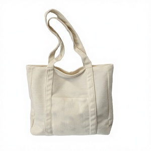 Bolsa de Mano Reutilizable de Corduroy de Color Sólido con Asa Larga, Portátil, Personalizada, con Cierre de Cremallera, para Compras y Publicidad - Product Image 3
