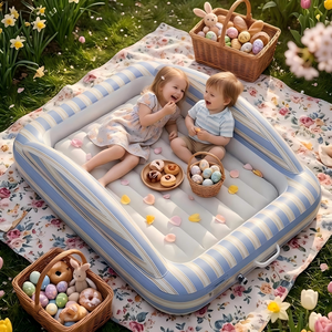 Blue White Striped Kids <b>Inflatable</b> Travel Bed with Safety Rails for Toddlers Camping Home - Product Image 6