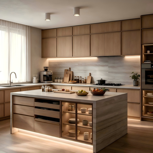 Meubles de cuisine modernes minimalistes en bois massif blanc avec bandes lumineuses LED intégrées, <span class=keywords><strong>four</strong></span> encastré, armoires de cuisine modulaires personnalisées - Product Image 2