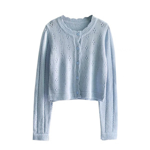 Cárdigan de Punto Gris para Mujer, Color Sólido, Algodón, Estilo Vintage, Calado, Suéter, Abrigo, Manga Larga, Estilo Retro - Product Image 4