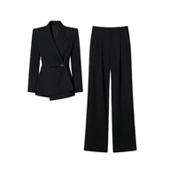 Ensemble de costume de luxe léger noir uni en fibre de polyester peignée à manches longues pour femme, avec pantalon droit à taille ajustée, collection Printemps/Été