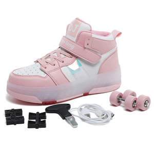 Roller Shoes With Led Light Up Wheels For Kids Size 28-41 Leather Material Double Row Plastic Wheels Flashing Feature - Product Image 5