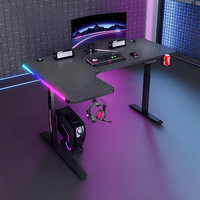 Bureau de jeu ergonomique en forme de L avec surface en fibre de carbone, éclairage intelligent électrique, hauteur réglable, RGB, porte-gobelet, support pour casque