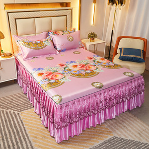 <b>King</b> <b>Size</b> Ice Silk Bedsheet Lace Summer Mat Parisian Style Sea of Flowers 3 Pieces 2 <b>Pillow</b> Cases+bed Skirt Sets R1865 - Product Image 4