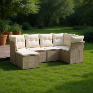 Ensemble de canapés de jardin modulaires en polyrotin beige, meubles d'extérieur confortables, design moderne, coussins en mousse haute densité - Product Image 2