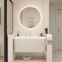 Meuble de salle de bain XINGRUO au design moderne et luxueux, armoire sur mesure en bois de caoutchouc avec vasque en pierre frittée et miroir intelligent