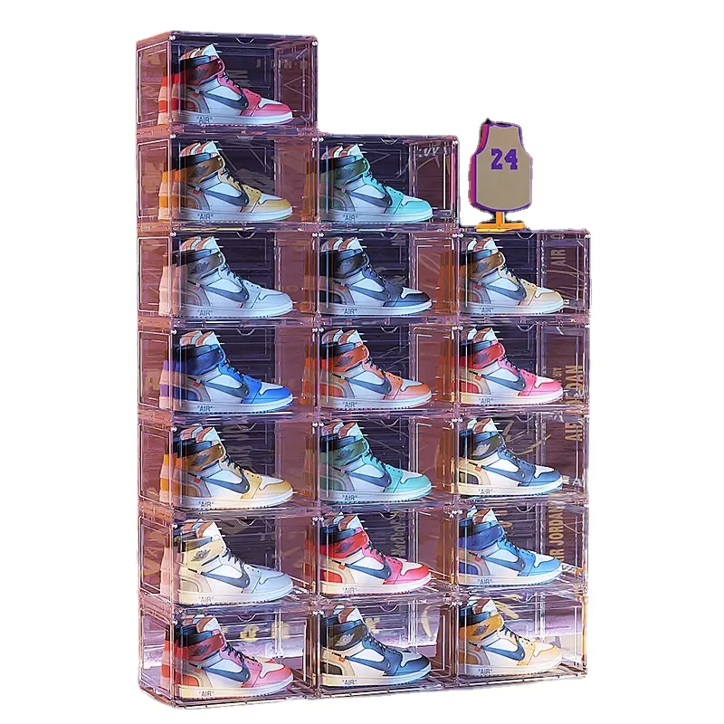 Caja de zapatos apilable de zapatillas de plástico transparente de estilo caliente caja de zapatos de almacenamiento de contenedor de cajón de acrílico frontal