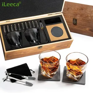 Whiskey Glass Gift Set with 10 Stainless Steel Bullets, Silicone Tipped Tongs, Velvet Bag & Wooden Box Reusable Ice Bullets