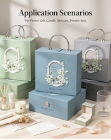 Boîte cadeau de mariage rétro en similicuir imprimé quatre couleurs avec fermeture magnétique portable et décoration florale stéréo