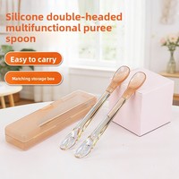Cuillère à double extrémité en silicone pour bébé, pour porridge et purée de fruits, ensemble de couverts portables avec boîte, design singe de dessin animé mignon
