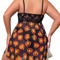 ODM OEM Chemise de nuit Babydoll pour femme grande taille, imprimé citrouille d'Halloween, en dentelle et maille transparente, décolleté en V profond, bretelles spaghetti, lingerie de fête