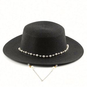 Wholesale Seaside Sunshade Paper Sun Beach <b>Hats</b> <b>Flat</b> Round Top Womens Straw <b>Hats</b> With Pearl Chain - Product Image 3