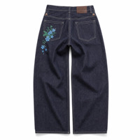 Jean d'été personnalisé pour homme 14oz, coupe ample à jambe large, broderie florale bleue, denim indigo brut, délavage foncé, respirant, écologique, haute qualité