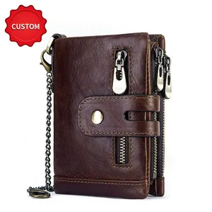 Bifold Stylish Mens Wallet Credit card With Coin Pocket RFID Blocking Chain Wallet Crazy Horse Leather Wallet