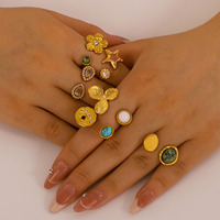 Bague feuille florale plaquée or 18 carats véritable zircone et pierre naturelle bande ouverte bijoux en acier inoxydable conception de bague à la mode