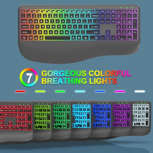 New Wireless Ergonomic Split Keyboard 7-Color Backlit Faux Leather Wrist Rest 2.4G Rechargeable Spill Resistant Adjustable Tilt