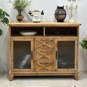 <b>Rustic</b> Vintage Farmhouse Style Solid Wood Durable High Quality Glass Door Carved Storage Drawers for Home Bar Living Room - Product Image 1