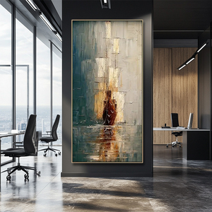 Décoration de bureau, toile peinte à la main, peintures abstraites de bateaux à voile dorés, paysages marins, art mural moderne texturé 3D - Product Image 1