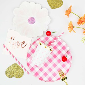 DAMAI New Design Happy Birthday Party Supplies Set with Pink Gingham and Garden Floral Paper Plates Disposable Cups Napkins - Product Image 1