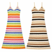 Robe longue trapèze personnalisée pour femme, en crochet à rayures arc-en-ciel, ajourée, à fines bretelles, style bohème, pour l'été, OEM, vente en gros, marque privée, en vrac