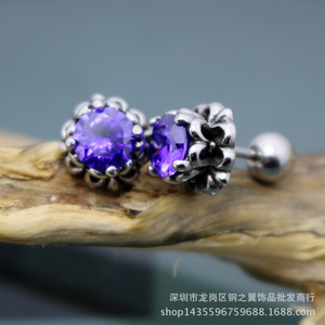 yunnique Fashionable Titanium Steel <b>Stud</b> <b>Earrings</b> Purple <b>Blue</b> Flower Shape Claw Setting For Women Gift Jewelry - Product Image 2