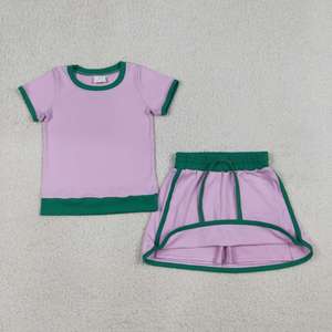 Toddler Girls Light Blue Pink Trim Short Sleeve T-shirt & Drawstring Ruffle Skort Set Summer Kids Casual Outfit Wholesale - Product Image 4