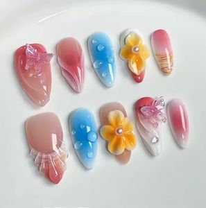 Stokta İlkbahar Pembesi Akrilik Takma Tırnaklar El Yapımı Orta Badem Şeklinde Abs 3D Çiçekli Takma Tırnaklar - Product Image 3