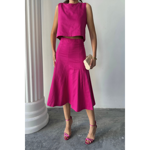 Ensemble deux pièces pour femme : Blouse sans manches en gabardine et jupe cloche fuchsia, taille S - Product Image 5
