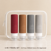 Kit de voyage réutilisable conforme TSA, fabriqué en usine OEM, avec pochette de voyage et flacons en silicone pour les voyages de camping
